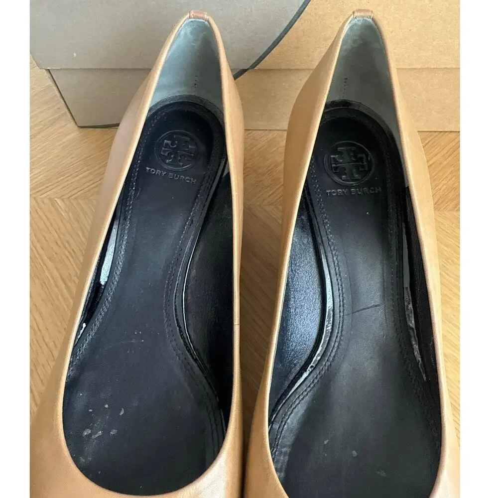 Tory Burch Pacey Tan/Patent Black Cap Toe Women Wedge Heels - SZ 9.5